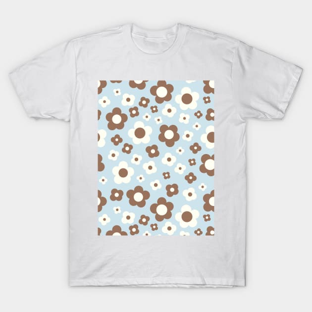 pastel blue and brown groovy retro y2k 2000s big pastel flower power 1960s 60s 70s danish aesthetics coconut girl ditsy daisies T-Shirt by blomastudios